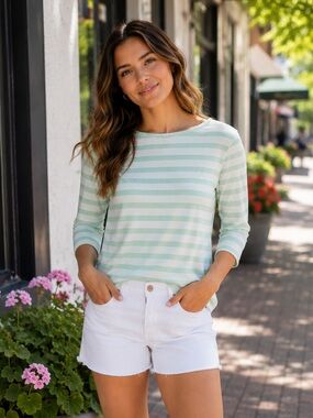 J.Crew Mint Green Stripe Boat Neck Top XS Preppy Coastal Classic